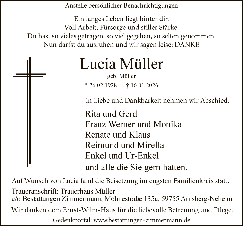  Traueranzeige für Lucia Müller vom 24.01.2026 aus HASK