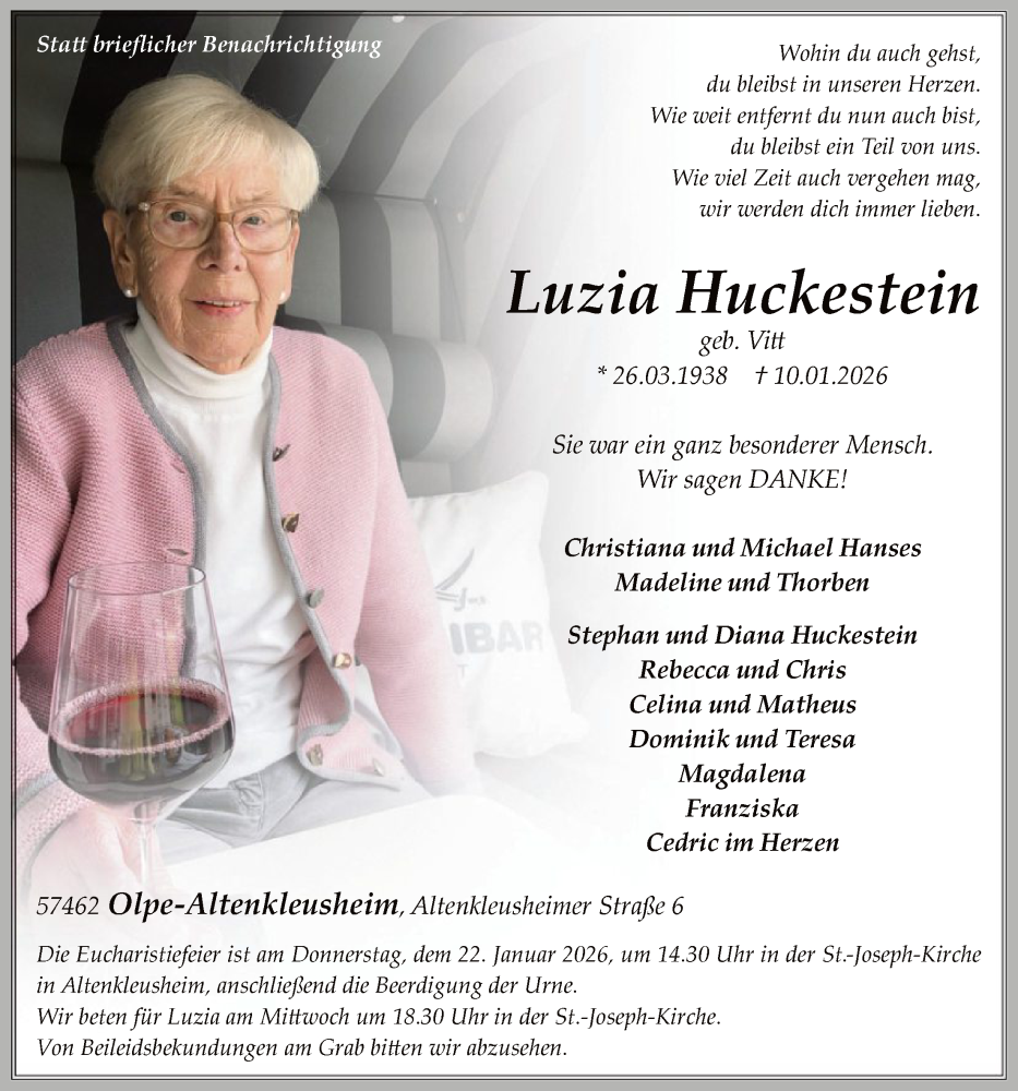  Traueranzeige für Luzia Huckestein vom 17.01.2026 aus HASK