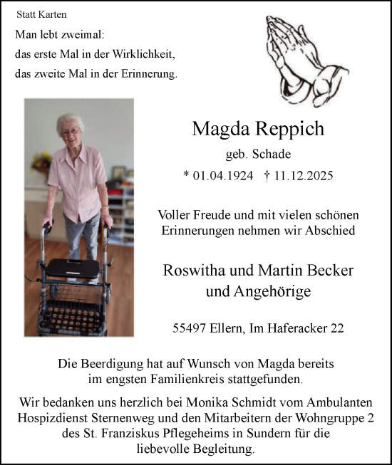 Traueranzeige von Magda Reppich von HASK