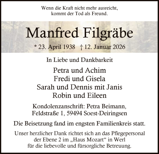 Traueranzeige von Manfred Filgräbe von HASO