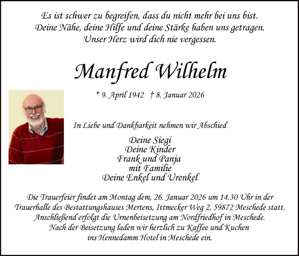  Traueranzeige für Manfred Wilhelm Manfred vom 17.01.2026 aus HASK