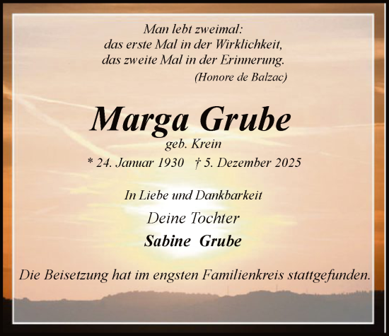 Traueranzeige von Marga Grube von HALN