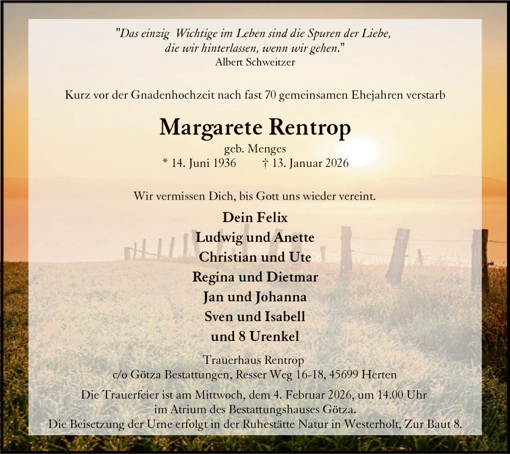  Traueranzeige für Margarete Rentrop vom 17.01.2026 aus HALN