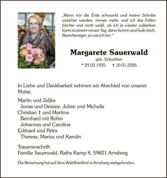 Traueranzeige von Margarete Sauerwald von HASK