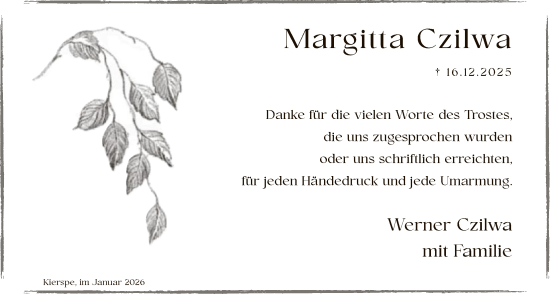 Traueranzeige von Margitta Czilwa von HALN
