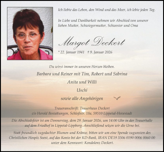 Traueranzeige von Margot Deckert von HAWAHASO