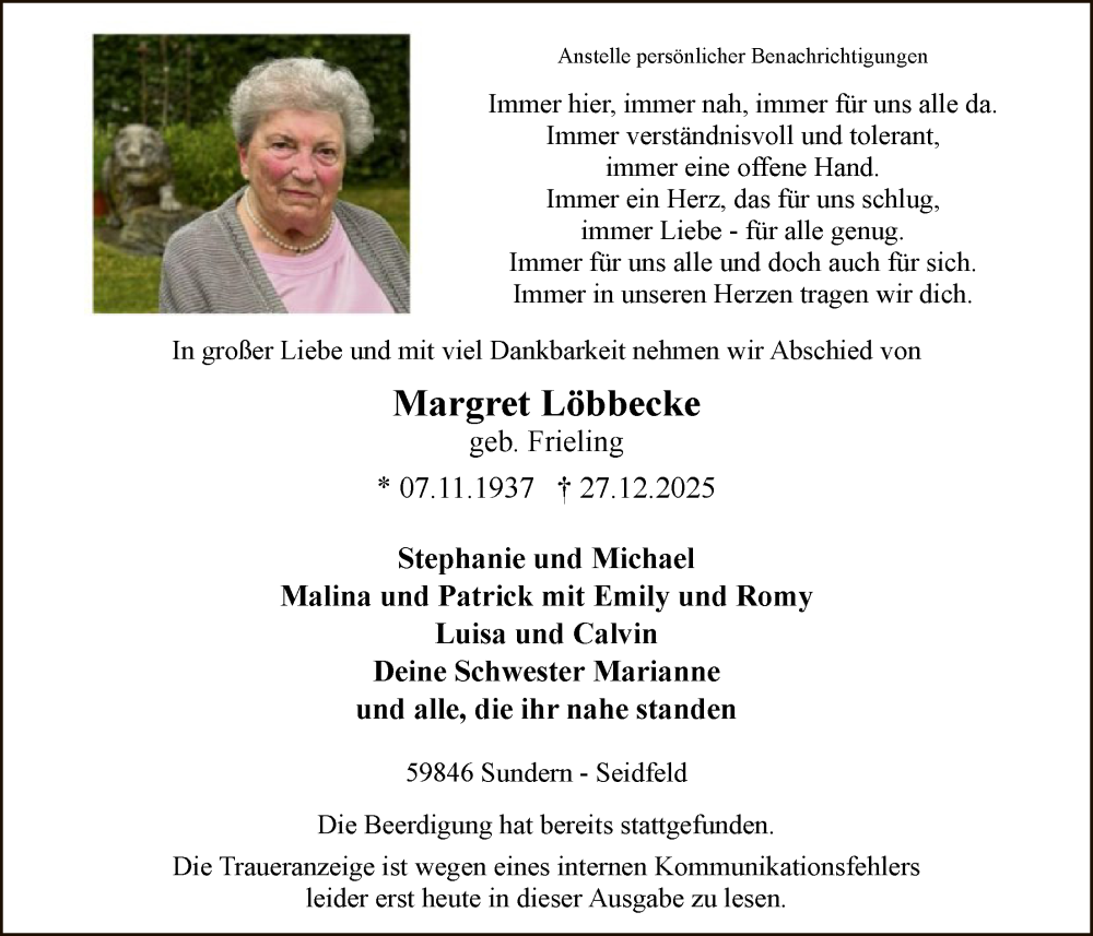  Traueranzeige für Margret Löbbecke vom 17.01.2026 aus HASK