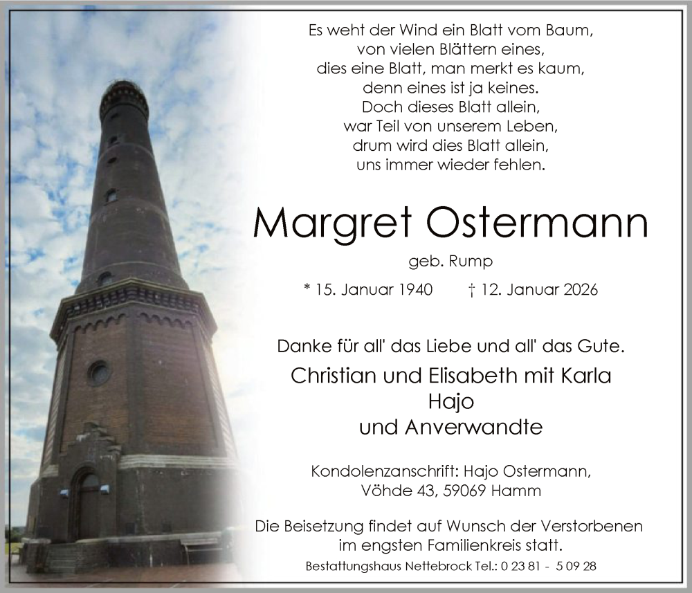  Traueranzeige für Margret Ostermann vom 17.01.2026 aus HAWA