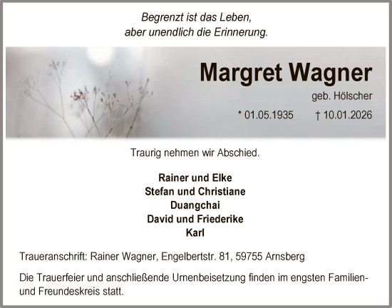 Traueranzeige von Margret Wagner von HASK