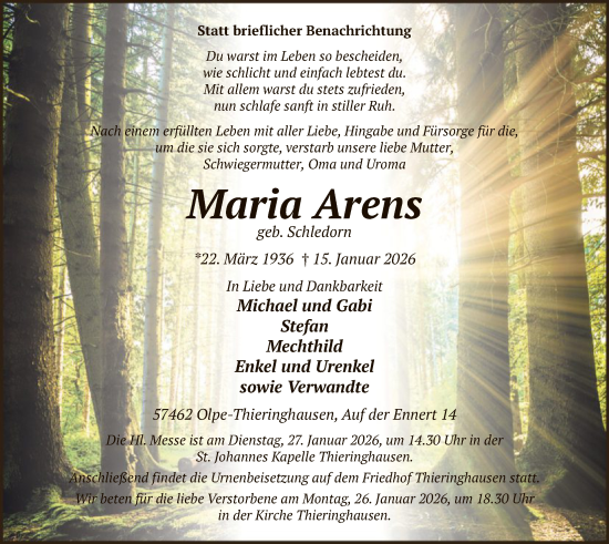 Traueranzeige von Maria Arens von HASK