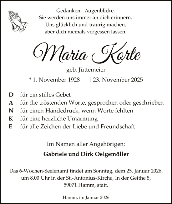 Traueranzeige von Maria Korte von HAWA