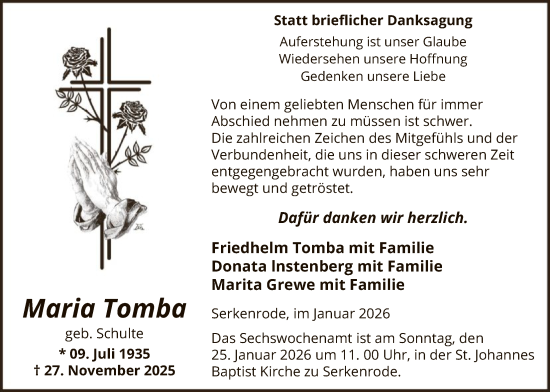 Traueranzeige von Maria Tomba von HASK