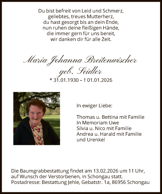 Traueranzeige von Maria Johanna Breitenwischer von HASK