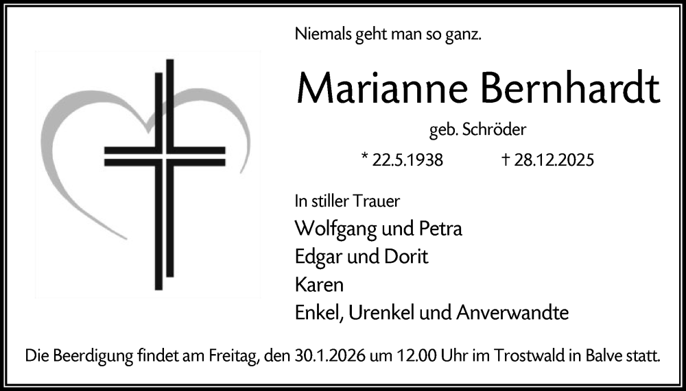  Traueranzeige für Marianne Bernhardt vom 17.01.2026 aus HALN