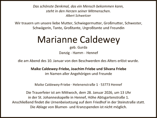 Traueranzeige von Marianne Caldewey von HAWA