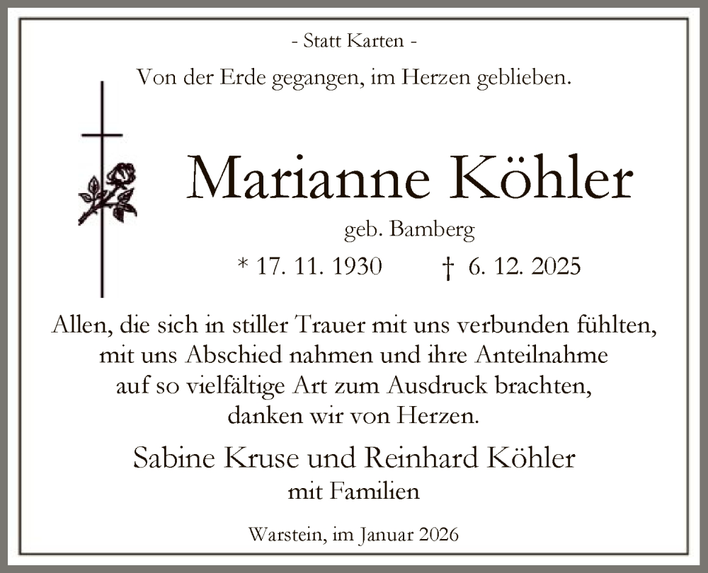  Traueranzeige für Marianne Köhler vom 17.01.2026 aus HASO