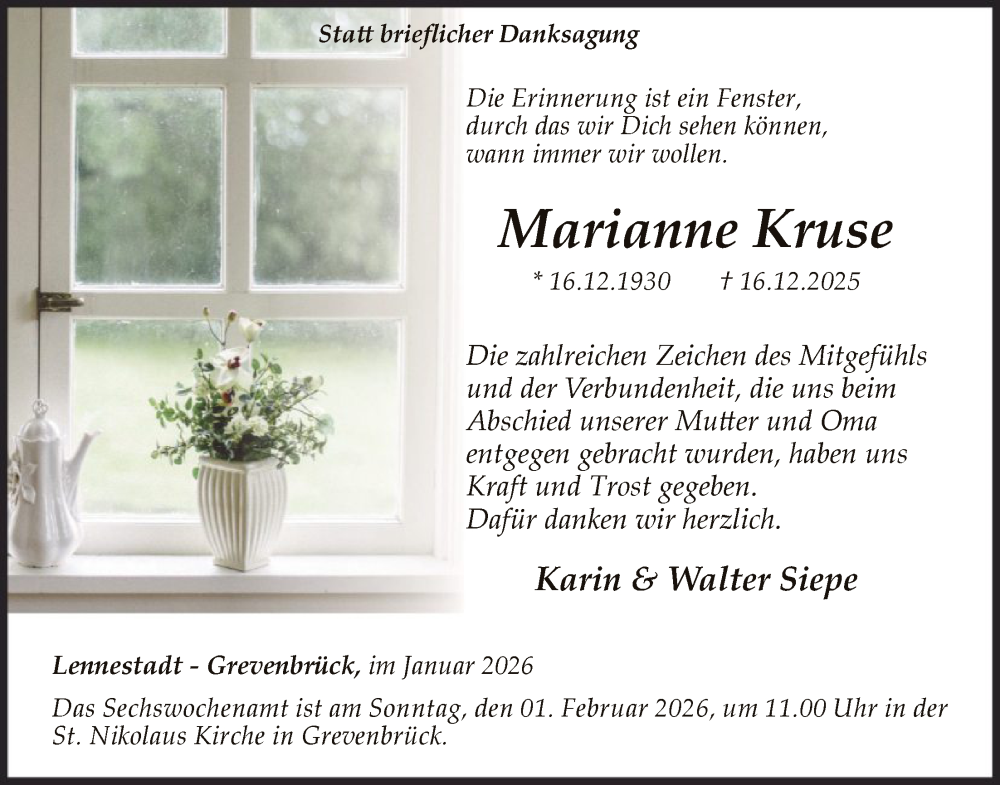  Traueranzeige für Marianne Kruse vom 24.01.2026 aus HASK