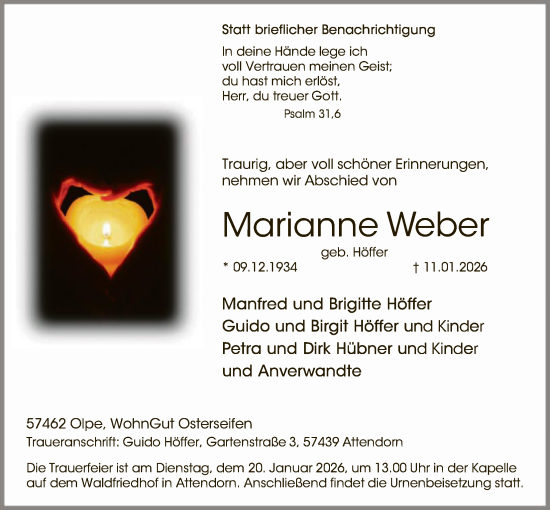 Traueranzeige von Marianne Weber von HASK