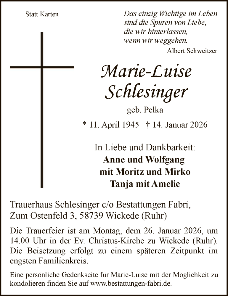  Traueranzeige für Marie-Luise Schlesinger vom 20.01.2026 aus HASO