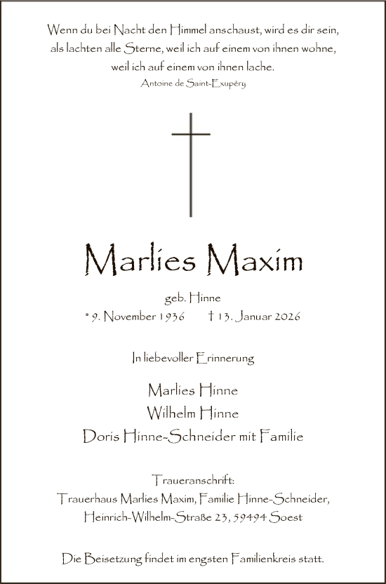 Traueranzeige von Marlies Maxim von HASO
