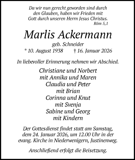 Traueranzeige von Marlis Ackermann von HALN