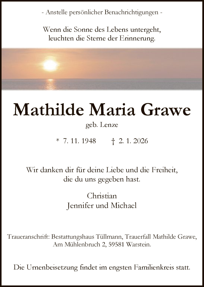  Traueranzeige für Mathilde Maria Grawe vom 17.01.2026 aus HASO