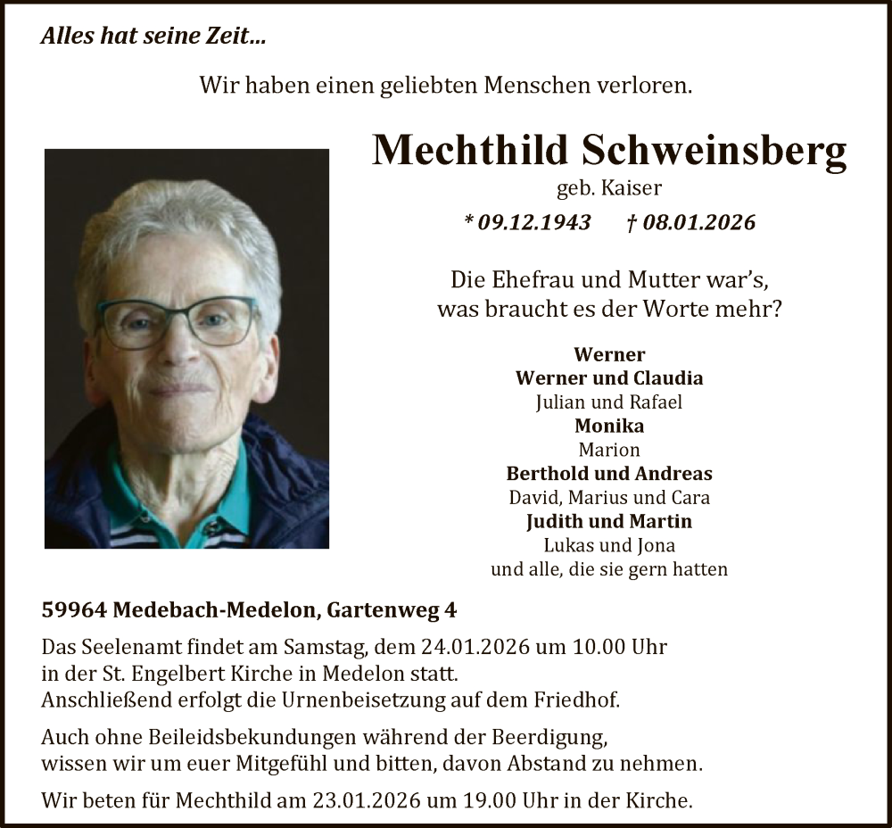  Traueranzeige für Mechthild Schweinsberg vom 17.01.2026 aus HASK