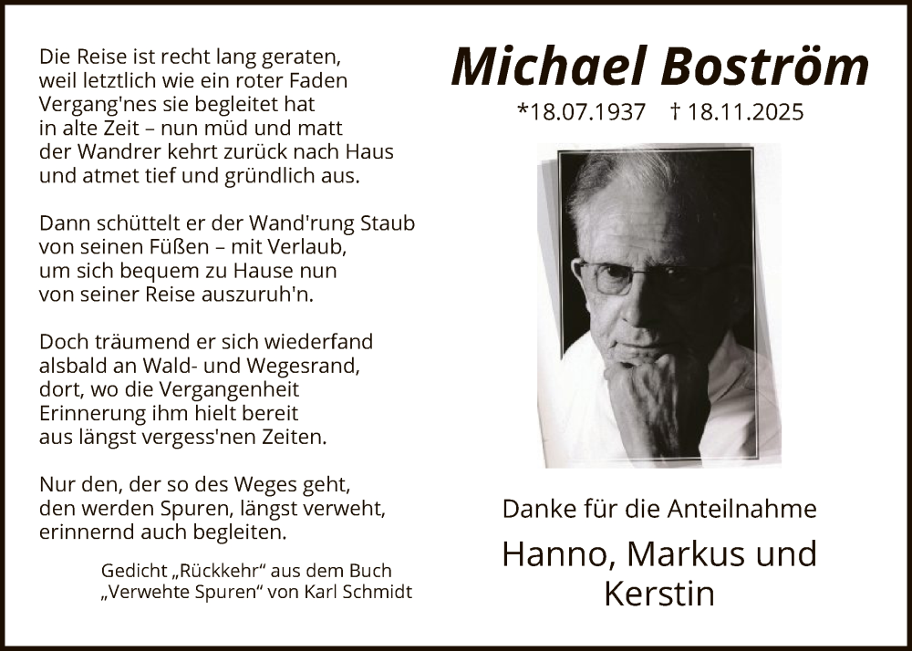 Traueranzeige für Michael Boström vom 17.01.2026 aus HASK