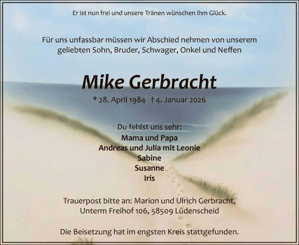  Traueranzeige für Mike Gerbracht vom 16.01.2026 aus HALN