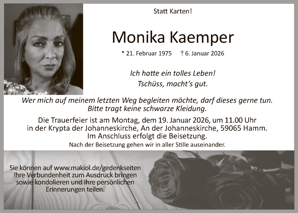  Traueranzeige für Monika Kaemper vom 10.01.2026 aus HAWA