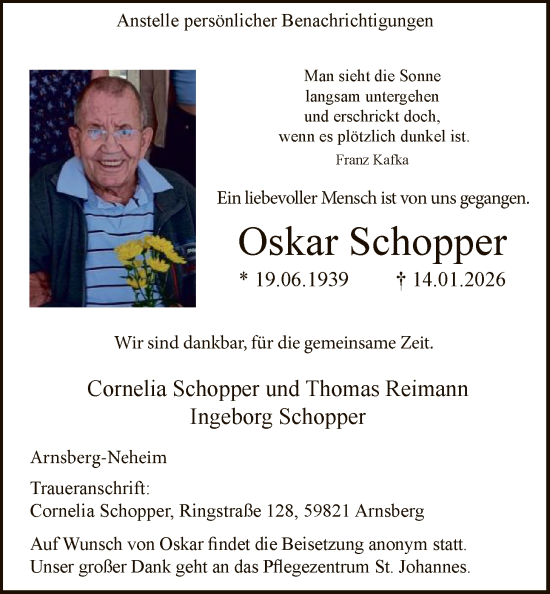 Traueranzeige von Oskar Schopper von HASK