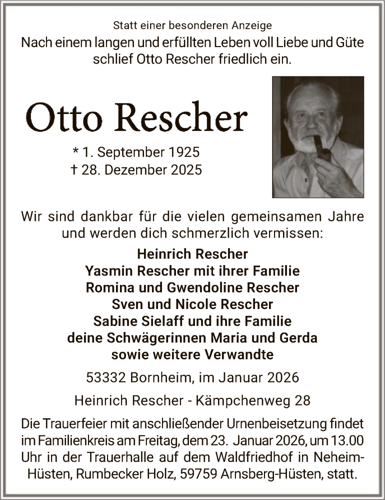  Traueranzeige für Otto Rescher vom 17.01.2026 aus HASK