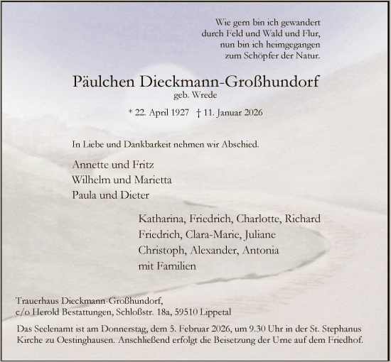 Traueranzeige von Päulchen Dieckmann-Großhundorf von HASO