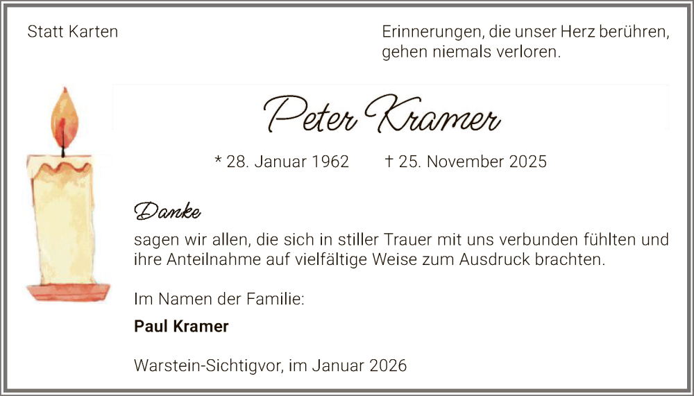  Traueranzeige für Peter Kramer vom 24.01.2026 aus HASO