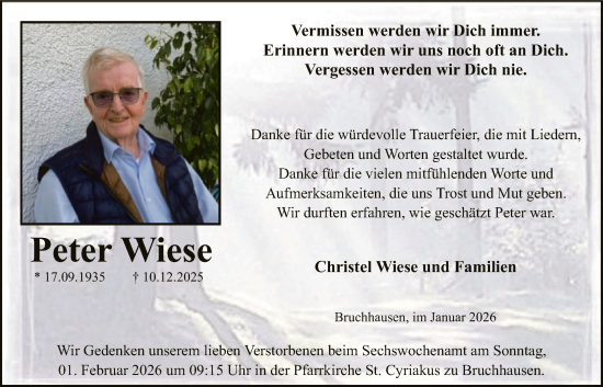 Traueranzeige von Peter Wiese von HASK