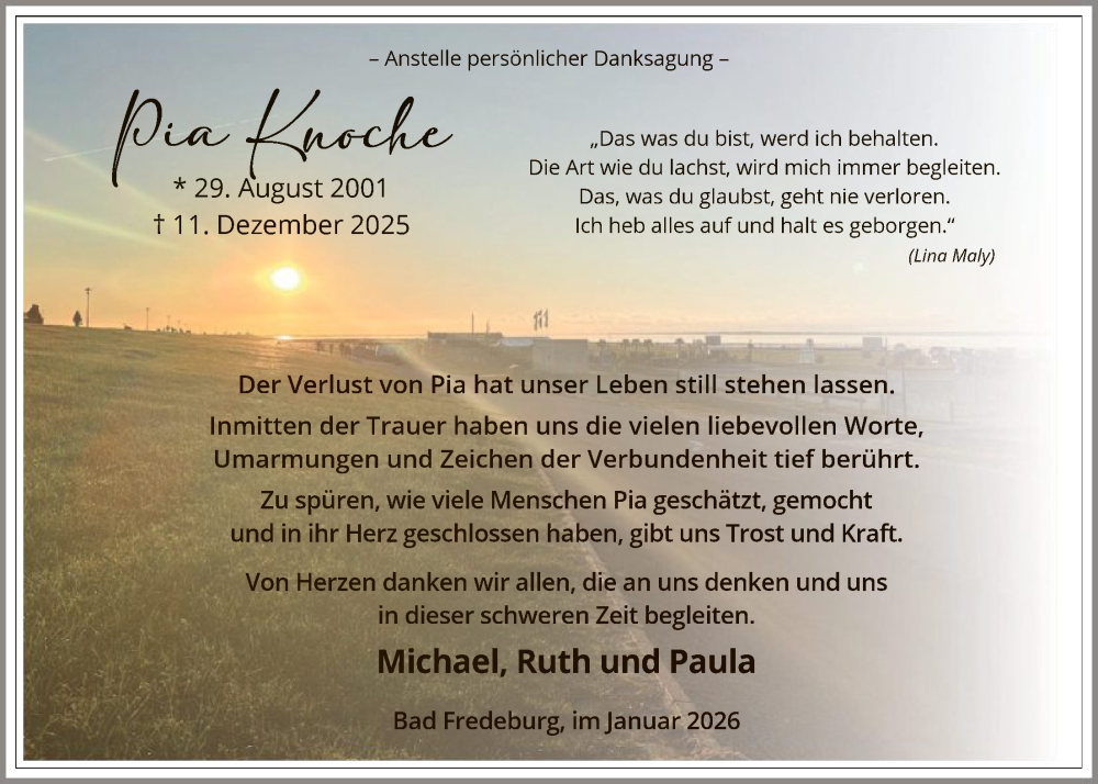  Traueranzeige für Pia Knoche vom 17.01.2026 aus HASK