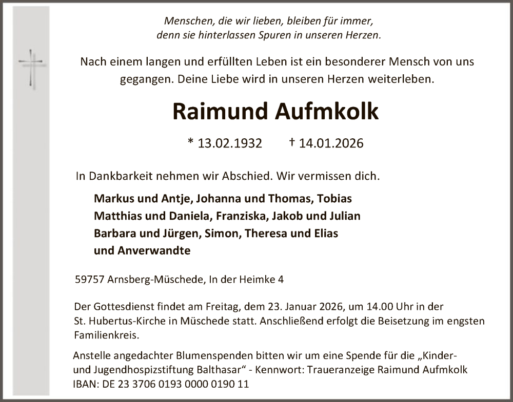 Traueranzeige für Raimund Aufmkolk vom 17.01.2026 aus HASK