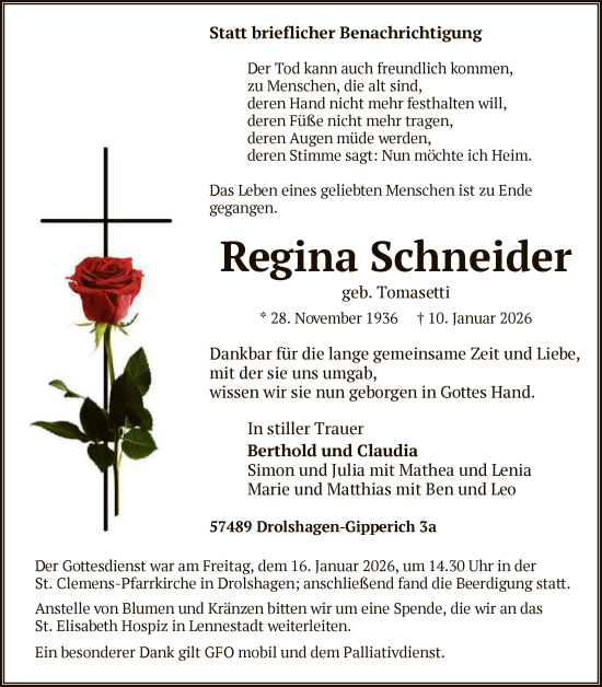 Traueranzeige von Regina Schneider von HASK