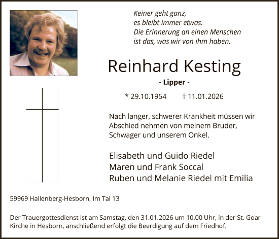 Traueranzeige von Reinhard Kesting von HASK