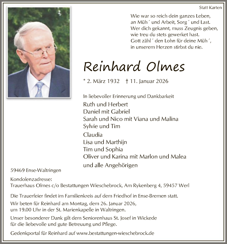  Traueranzeige für Reinhard Olmes vom 17.01.2026 aus HASO