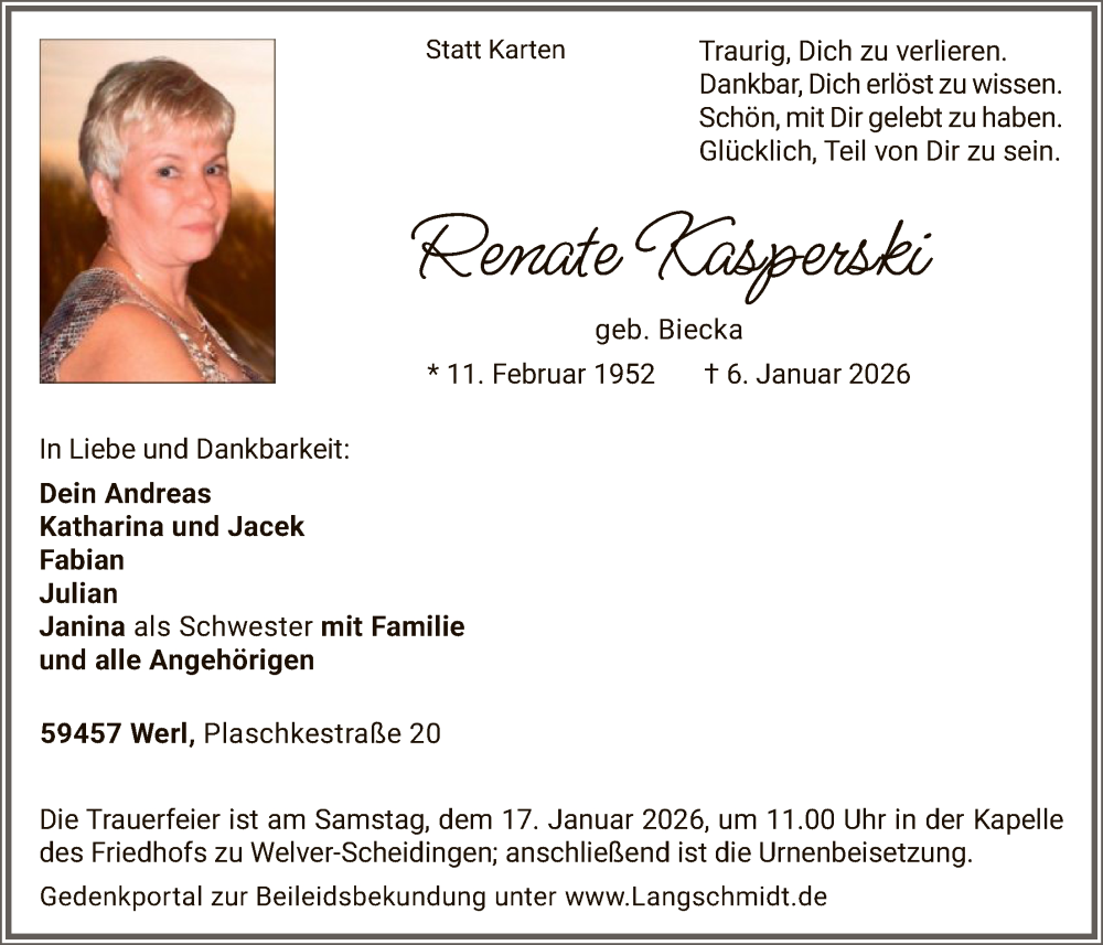  Traueranzeige für Renate Kasperski vom 10.01.2026 aus HASO