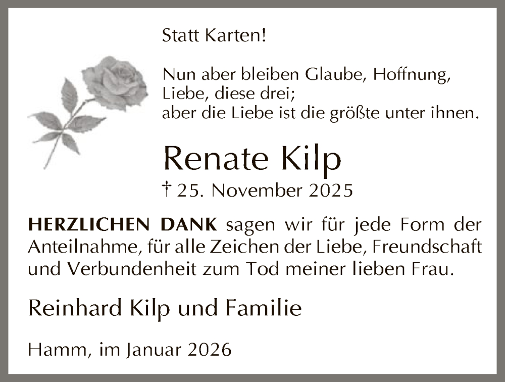  Traueranzeige für Renate Kilp vom 17.01.2026 aus HAWA