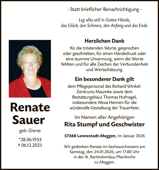 Traueranzeige von Renate Sauer von HASK