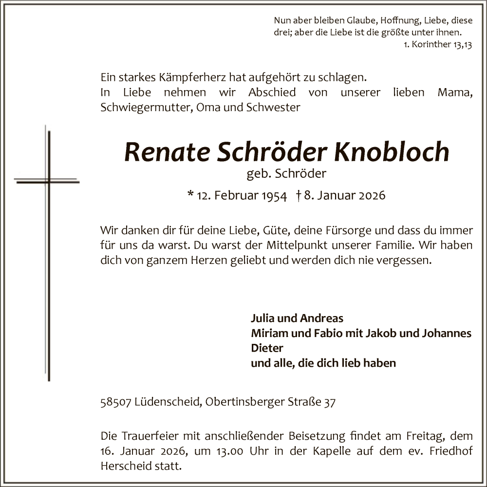  Traueranzeige für Renate Schröder Knobloch vom 13.01.2026 aus HALN