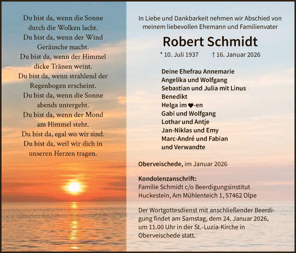  Traueranzeige für Robert Schmidt vom 24.01.2026 aus HASK