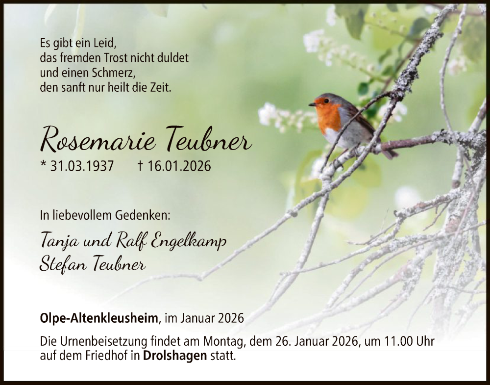  Traueranzeige für Rosemarie Teubner vom 24.01.2026 aus HASK