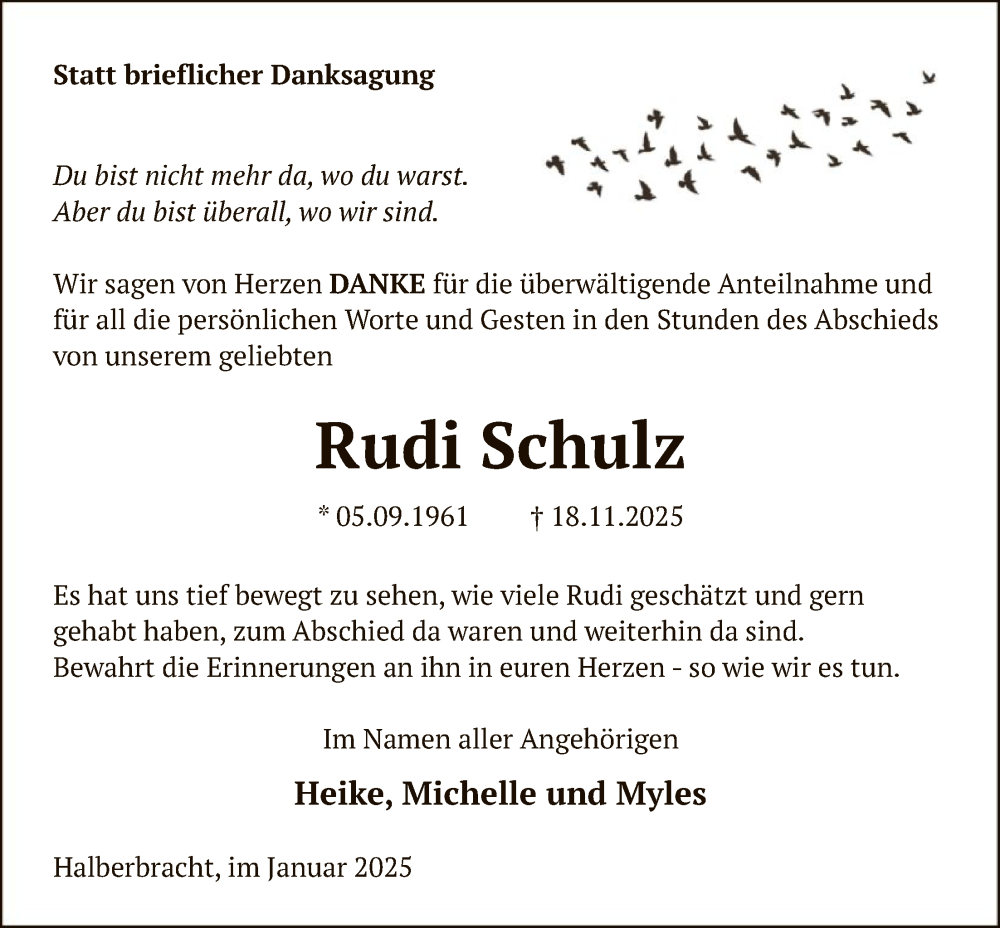  Traueranzeige für Rudi Schulz vom 17.01.2026 aus HASK