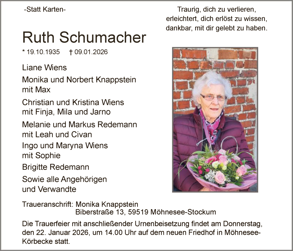  Traueranzeige für Ruth Schumacher vom 17.01.2026 aus HASO