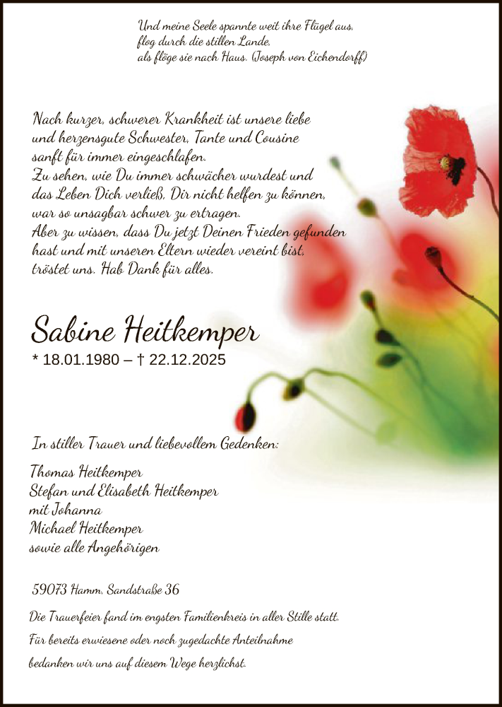  Traueranzeige für Sabine Heitkemper vom 15.01.2026 aus HAWA