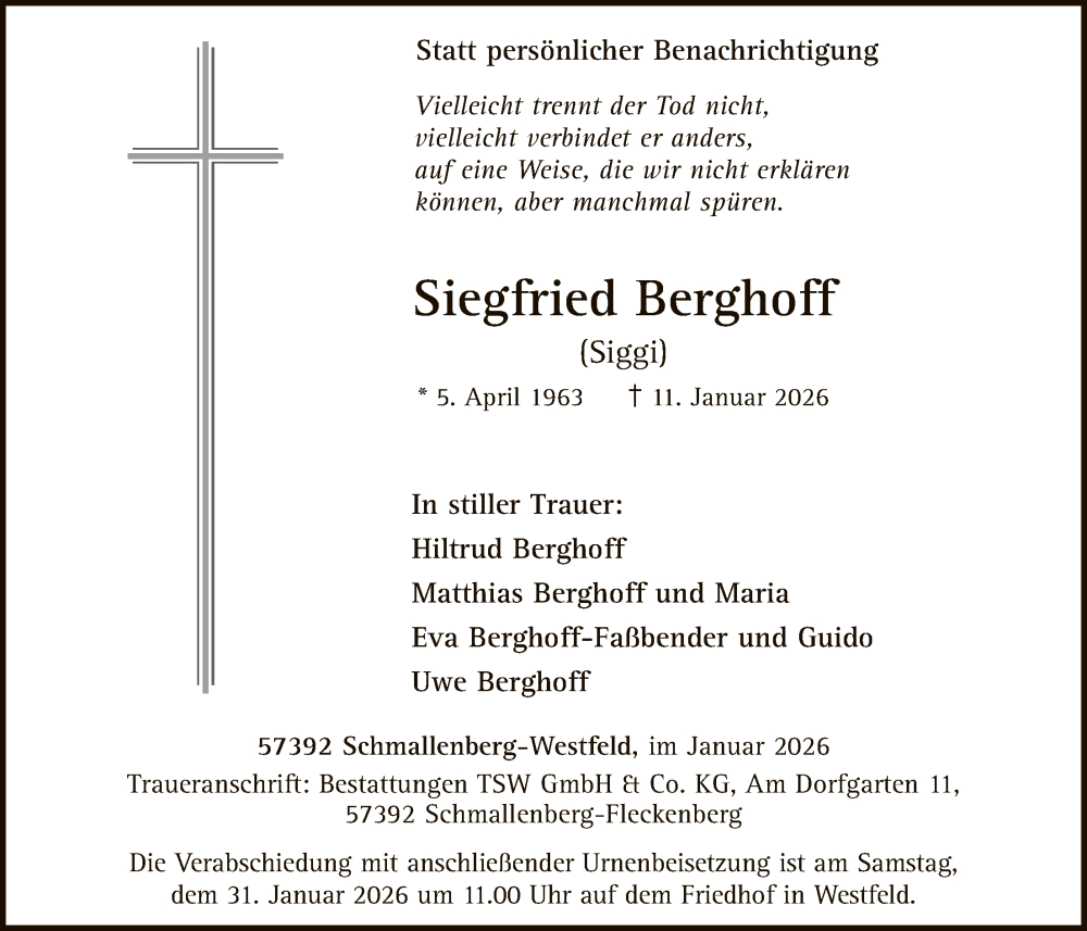  Traueranzeige für Siegfried Berghoff vom 24.01.2026 aus HASK